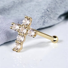 14Karat Yellow Gold Clear Gem Cross Nose Stud. Nose Piercing. Nose Ring.