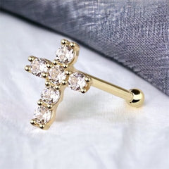 14Karat Yellow Gold Clear Gem Cross Nose Stud. Nose Piercing. Nose Ring.