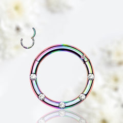 16G Rainbow Round Hinged Septum Clicker Ring with Multiple Clear Gems