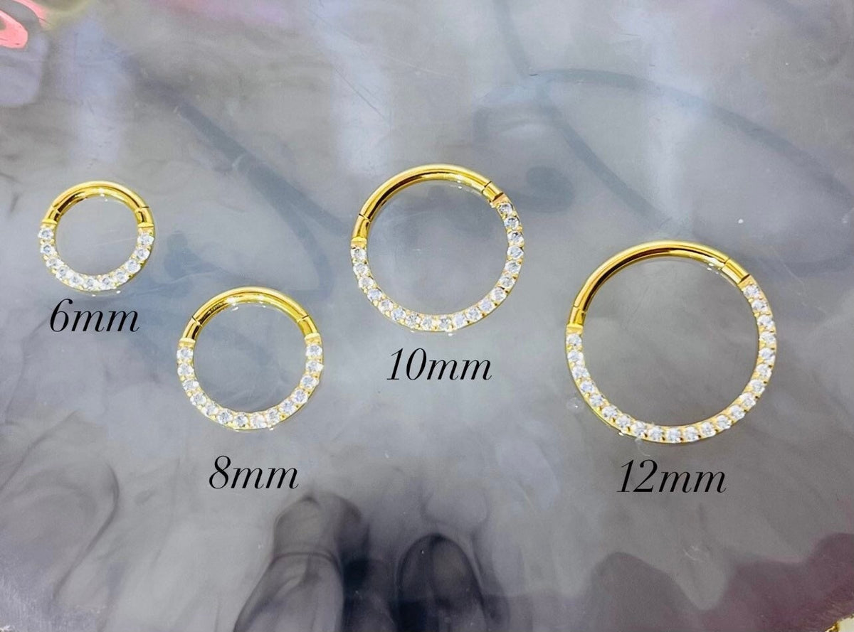 18G & 16G Gold Clear Gems Hinged Septum Clicker Ring. Septum Ring. Septum Piercing. Cartilage Ring