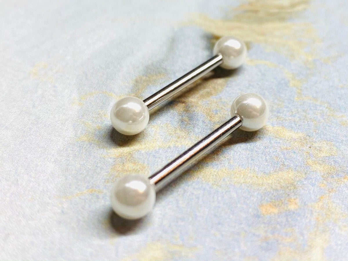 Pair of 14G White Pearls Nipple Barbells. Nipple Piercing. Nipple Jewelry. Nipple Rings