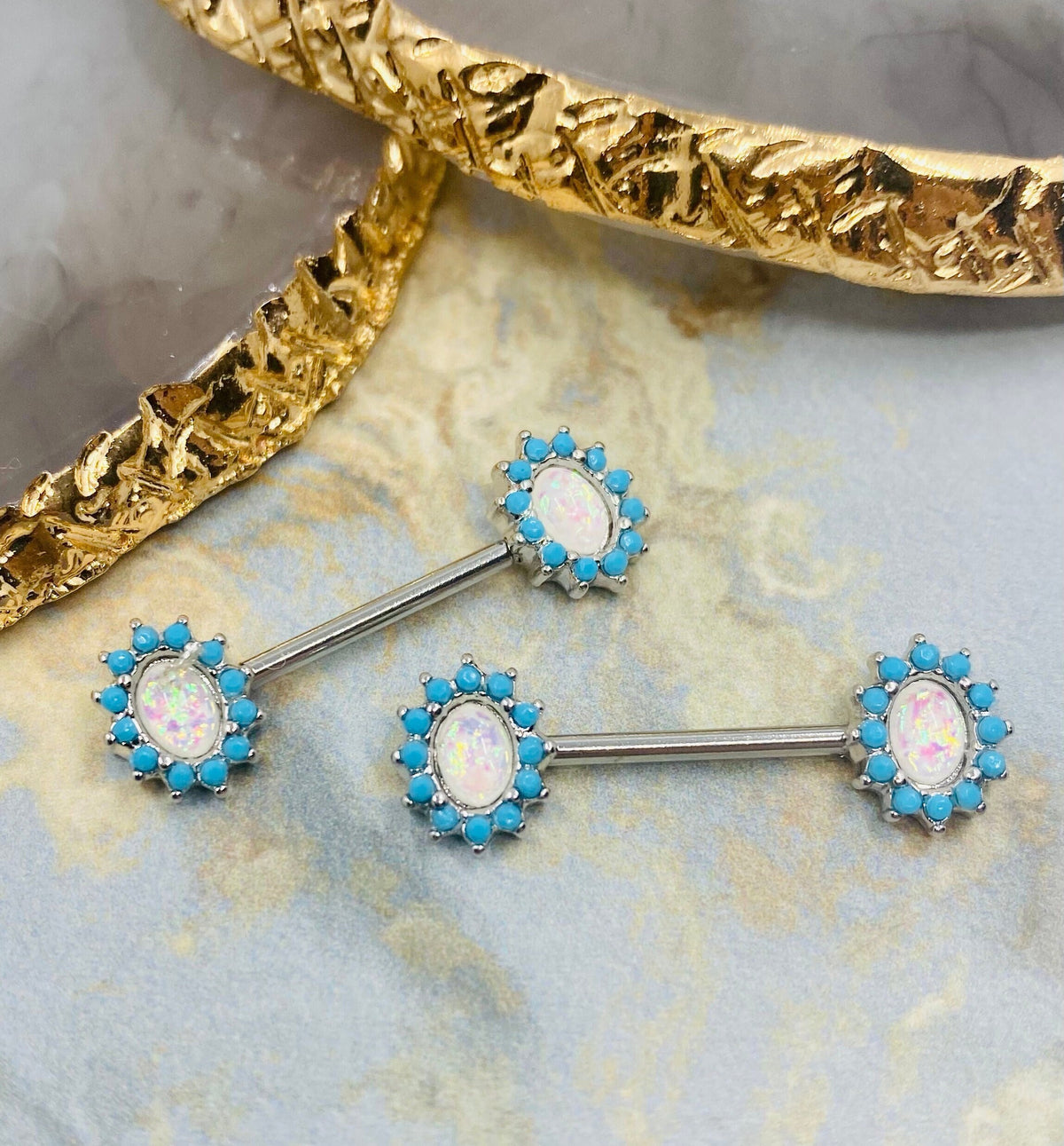 Pair of 14G Silver Elegant Opal with Turquoise Stone Nipple Barbells. Nipple Rings. Nipple Piercing. Nipple Jewelry