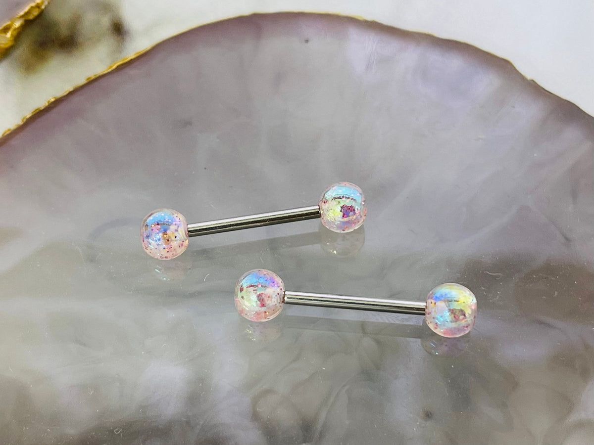 Pair of 14G White Iridescent Glitter Acrylic Ball Ends Nipple Barbells. Nipple Rings. Nipple Piercing. Nipple Jewelry.