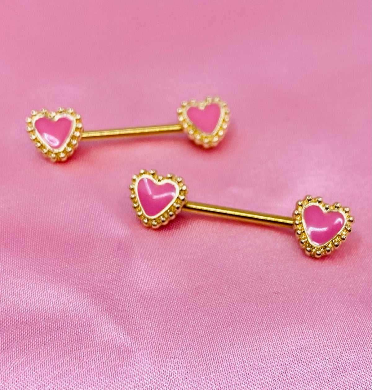 Pair of 14G Gold Pink Heart Nipple Barbells. Nipple Jewelry. Nipple Barbells. Nipple Piercing.