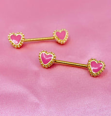 Pair of 14G Gold Pink Heart Nipple Barbells. Nipple Jewelry. Nipple Barbells. Nipple Piercing.