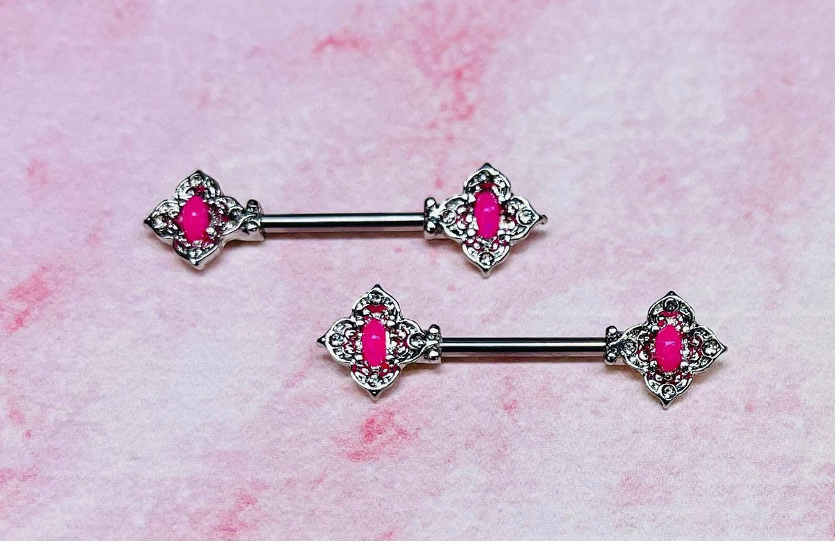 Pair of 14G Silver Floral Filigree with Crystals and White Pink Center Nipple Barbell. Nipple Rings. Nipple Jewelry.