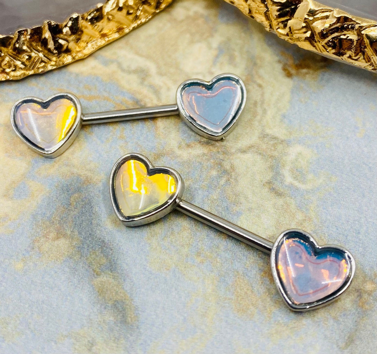 A Set og 14G Illumination Opal Heart Nipple Barbells. Nipple Jewelry. Nipple Piercing.