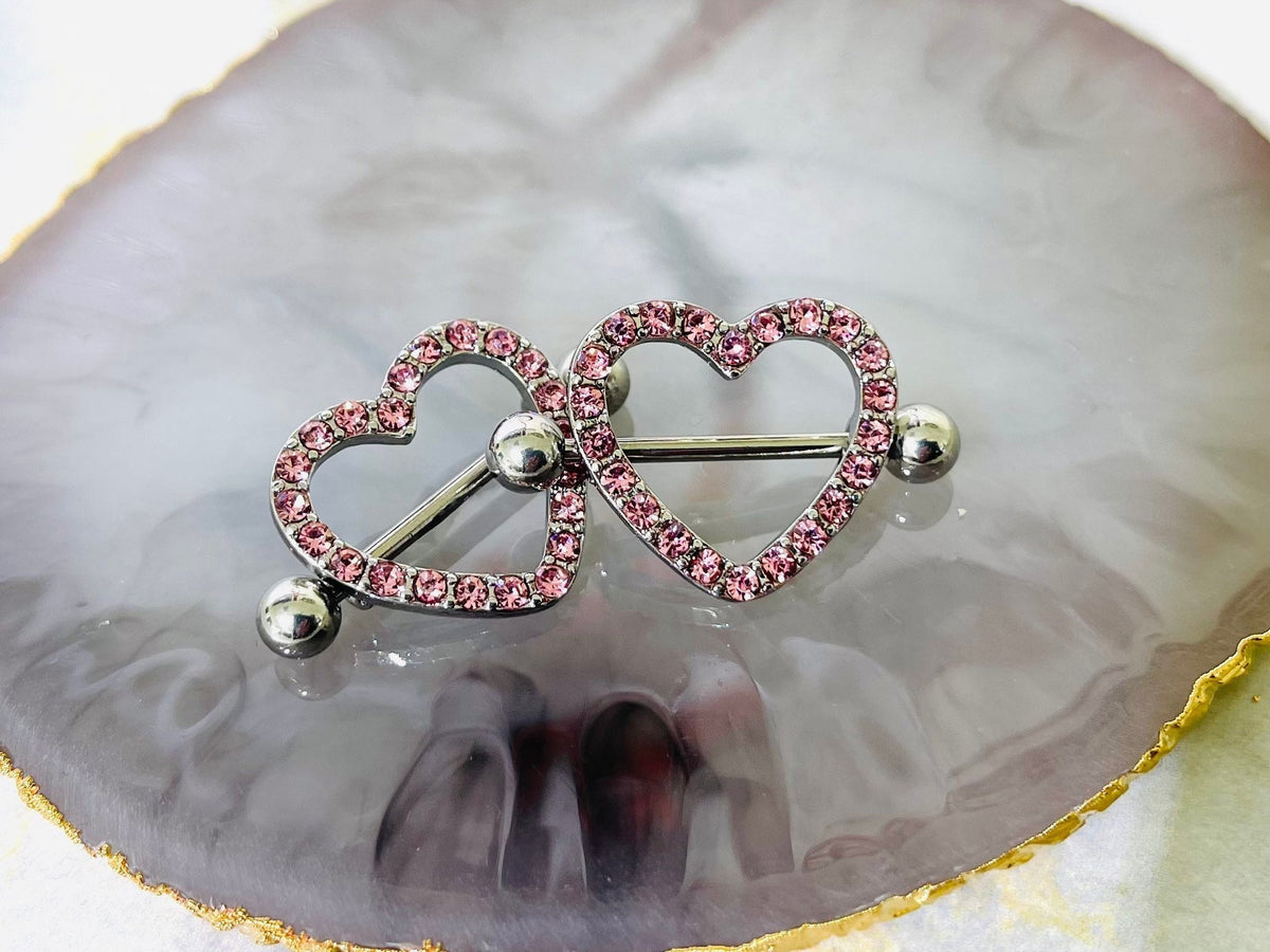 14G Silver Heart Paved Pink Crystal Stones Nipple Barbells. Nipple Jewelry. Nipple Piercing.