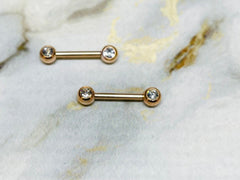 Pair of 14G Rose Gold Bezel Clear Stone Nipple Barbells. Nipple Rings. Nipple Piercing. Nipple Jewelry.