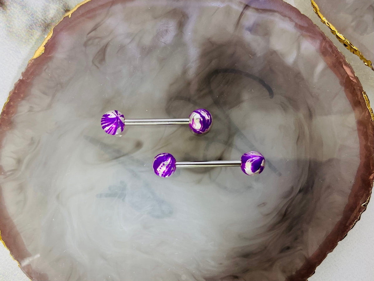 Pair of 14G Purple Multicolor Ball Ends Nipple Barbell