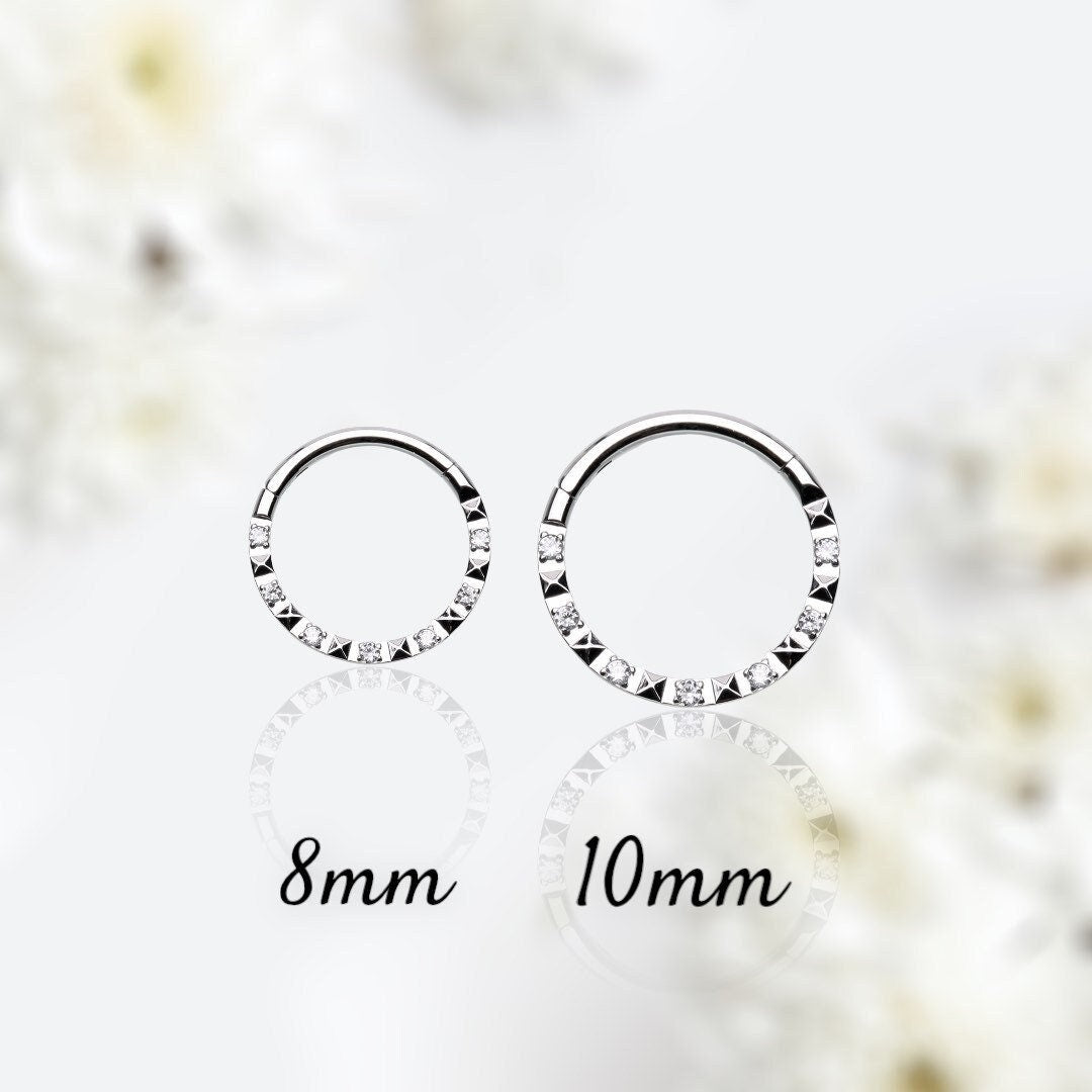 16G Silver Clear Stone Front Facing 8MM 10MM Seamless Hinged Clicker Septum Ring