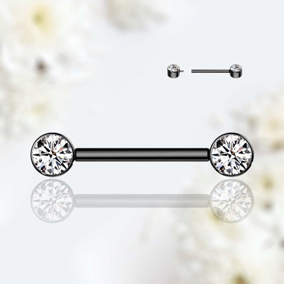 Pair of 14G Implant Grade Titanium Internally Threaded Black Bezel Set Clear Stone Nipple Barbell.