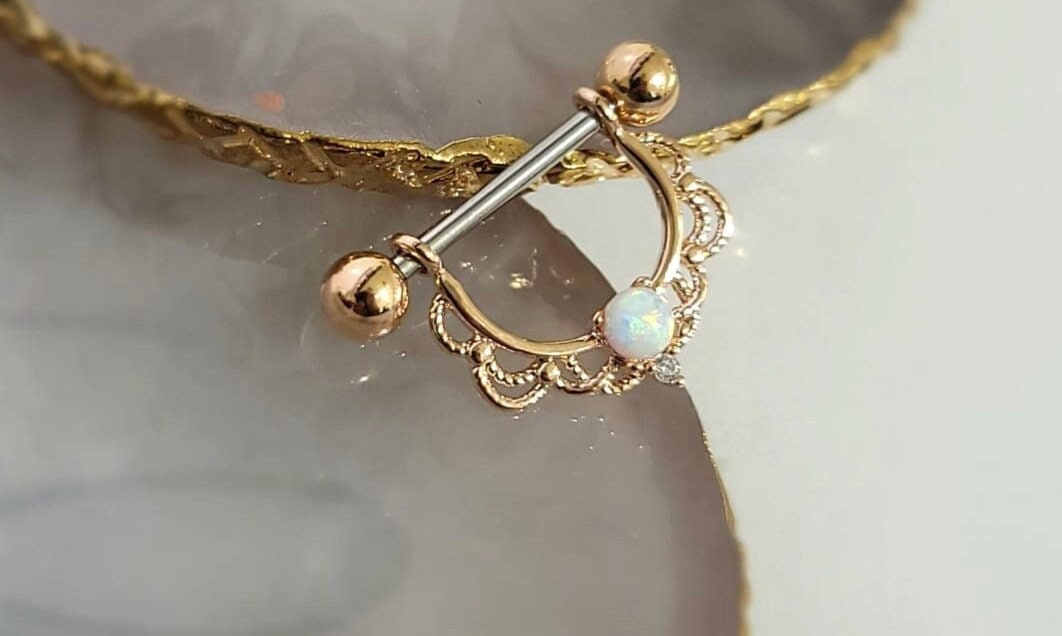 Pair of 14G Rose Gold White Opal Center Filigree  Dangling Nipple Barbell