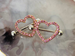 14G Rose Gold Sparkling Heart with Paved Pink Crystal Stones Nipple Barbells. Nipple Jewelry. Nipple Piercing. Body Jewelry.