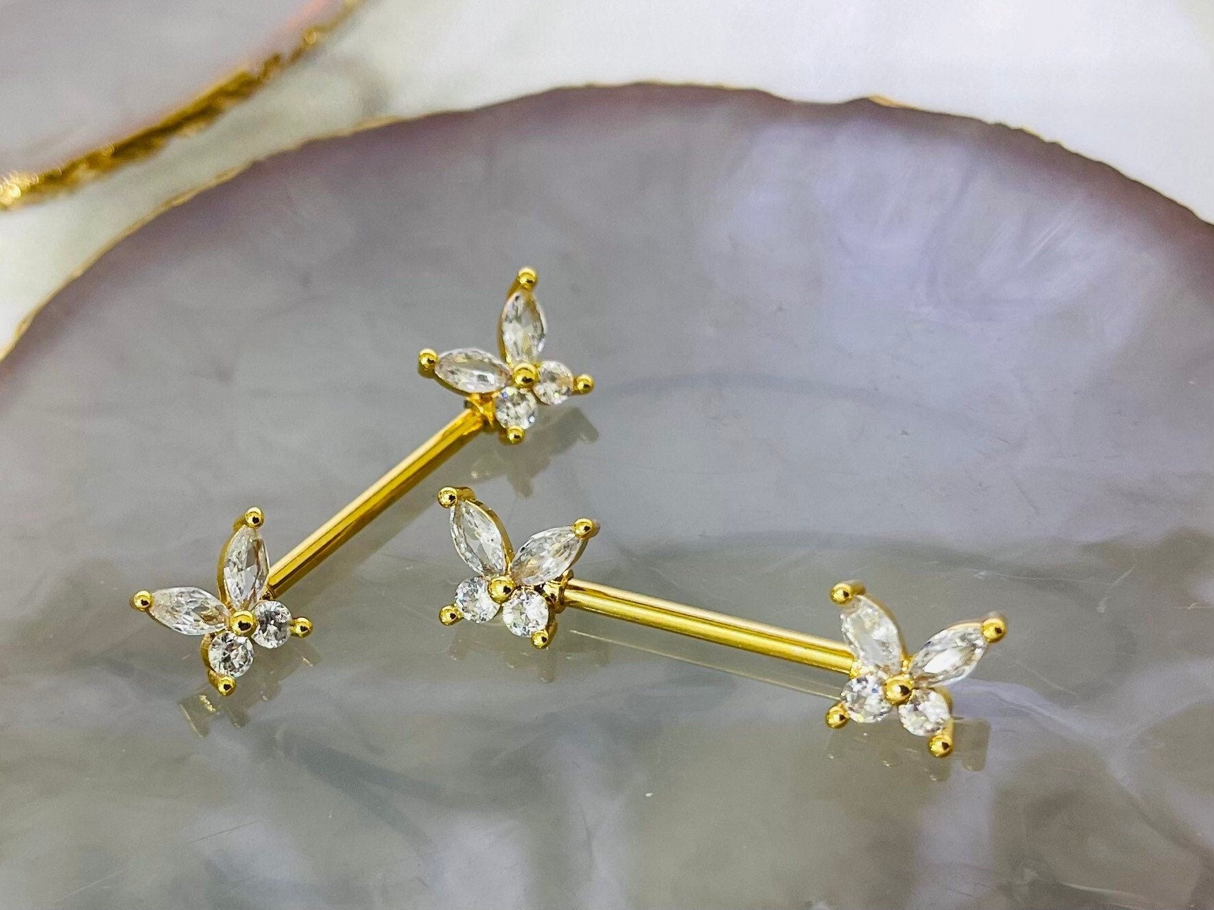 Pair of 14G Gold Sparkle Clear Gems Butterfly Nipple Barbells