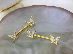 Pair of 14G Gold Sparkle Clear Gems Butterfly Nipple Barbells