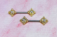 Pair of 14G Gold Vintage White Pearl Paved Flower Ends Nipple Barbells. Nipple Piercing. Nipple Rings. Nipple Jewelry. Body Jewelry.