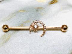 14G Rose Gold Crystals Paved Crescent Moon with Center Stone 38MM Industrial Barbell. Industrial Piercing. Ear Barbells