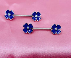 Pair of Purple and Gold Clover Flower with Clear Stone Nipple Barbell. Nipple Piercing. Nipple Jewelry.