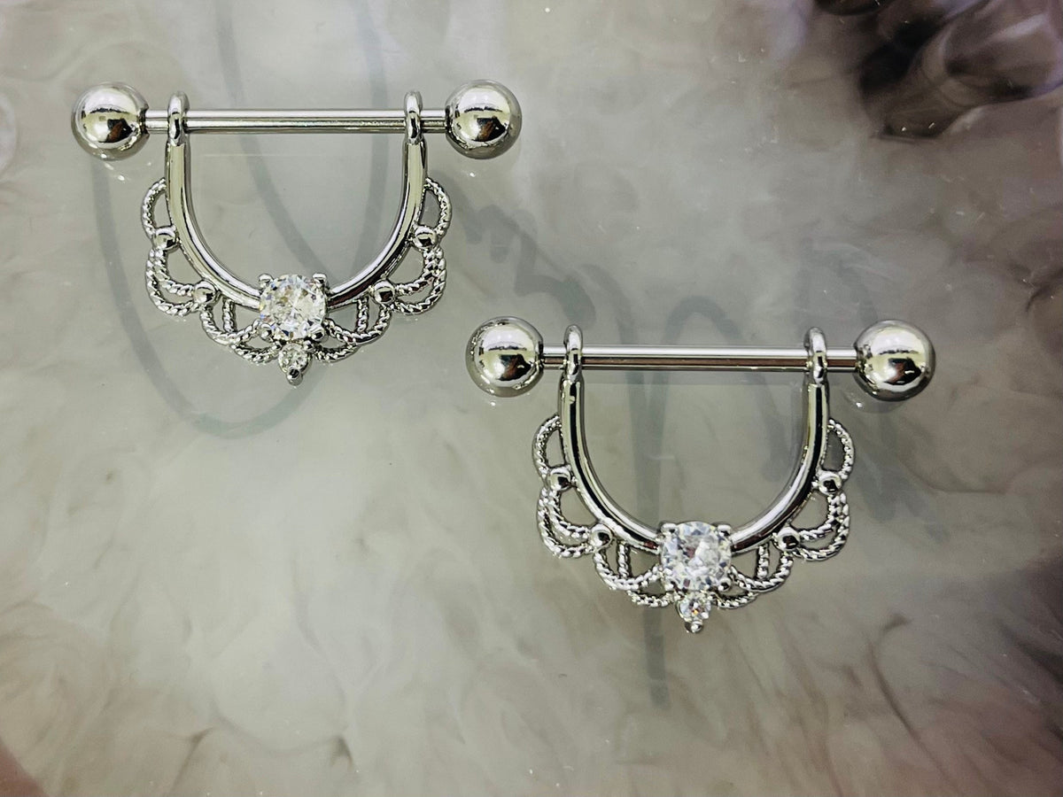 Pair of 14G Silver Clear Gem Filigree Dangle Nipple Barbell