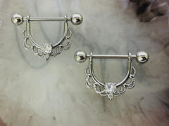 Pair of 14G Silver Clear Gem Filigree Dangle Nipple Barbell