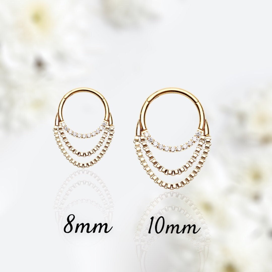 16G Gold Clear Gems Dangling Chains Seamless Septum Clicker Ring