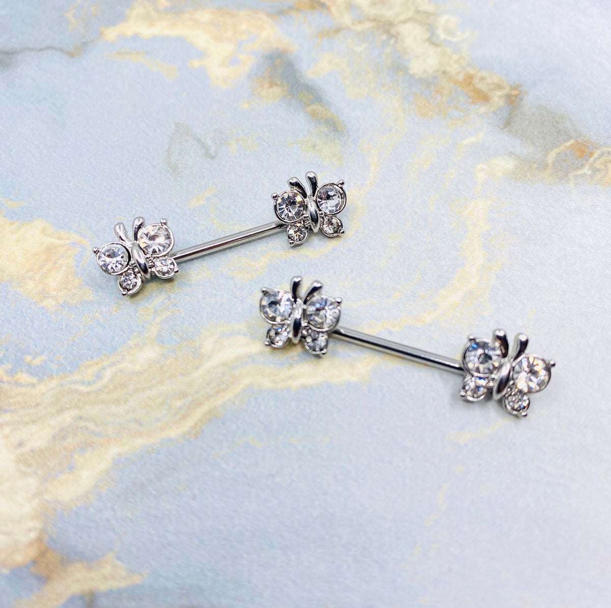 14G Silver Butterfly with Clear Cubic Zircon Nipple Barbells. Nipple Rings. Nipple Piercing. Body Jewelry.