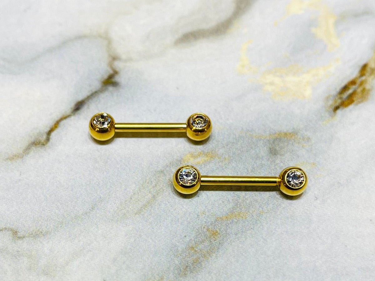 Pair of 14G Gold Bezel Clear Stone Nipple Barbells. Nipple Rings. Nipple Piercing. Nipple Jewelry.