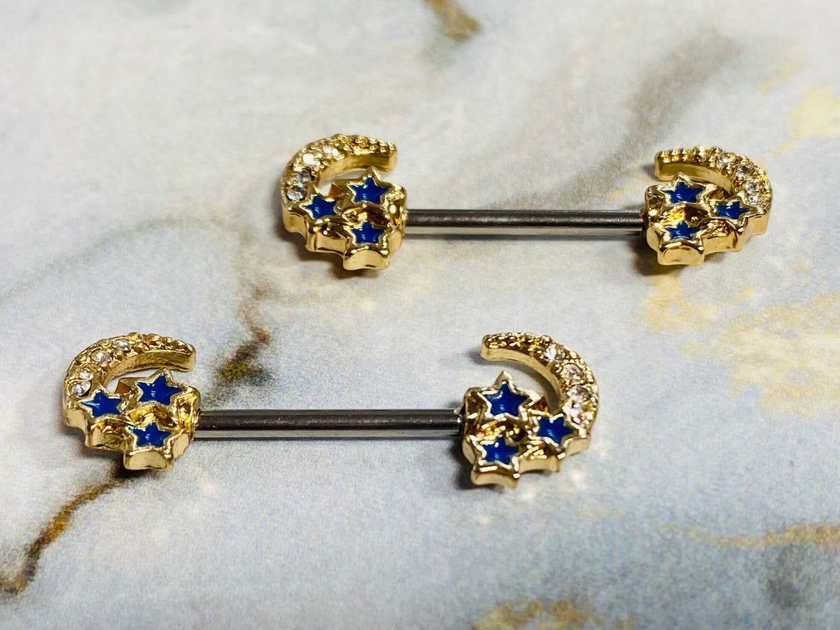 14G Gold Clear Stone Crescent Moon with Blue Stars Nipple Barbells. Nipple Piercings. Nipple Rings. Nipple Jewelry