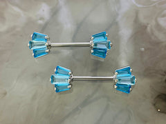 Pair of 14G Sparkling Blue Gem Fan Nipple Barbell. Nipple Piercing. Nipple Jewelry. Nipple Rings