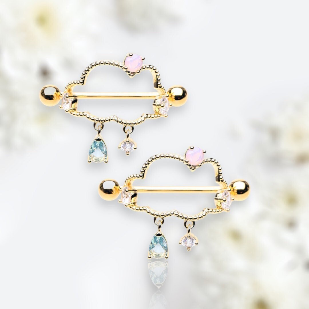 Pair of 14G Gold Raining Cloud with Sparkling Stones Nipple Shield Barbells. Nipple Shield. Nipple Ring. Nipple Jewelry