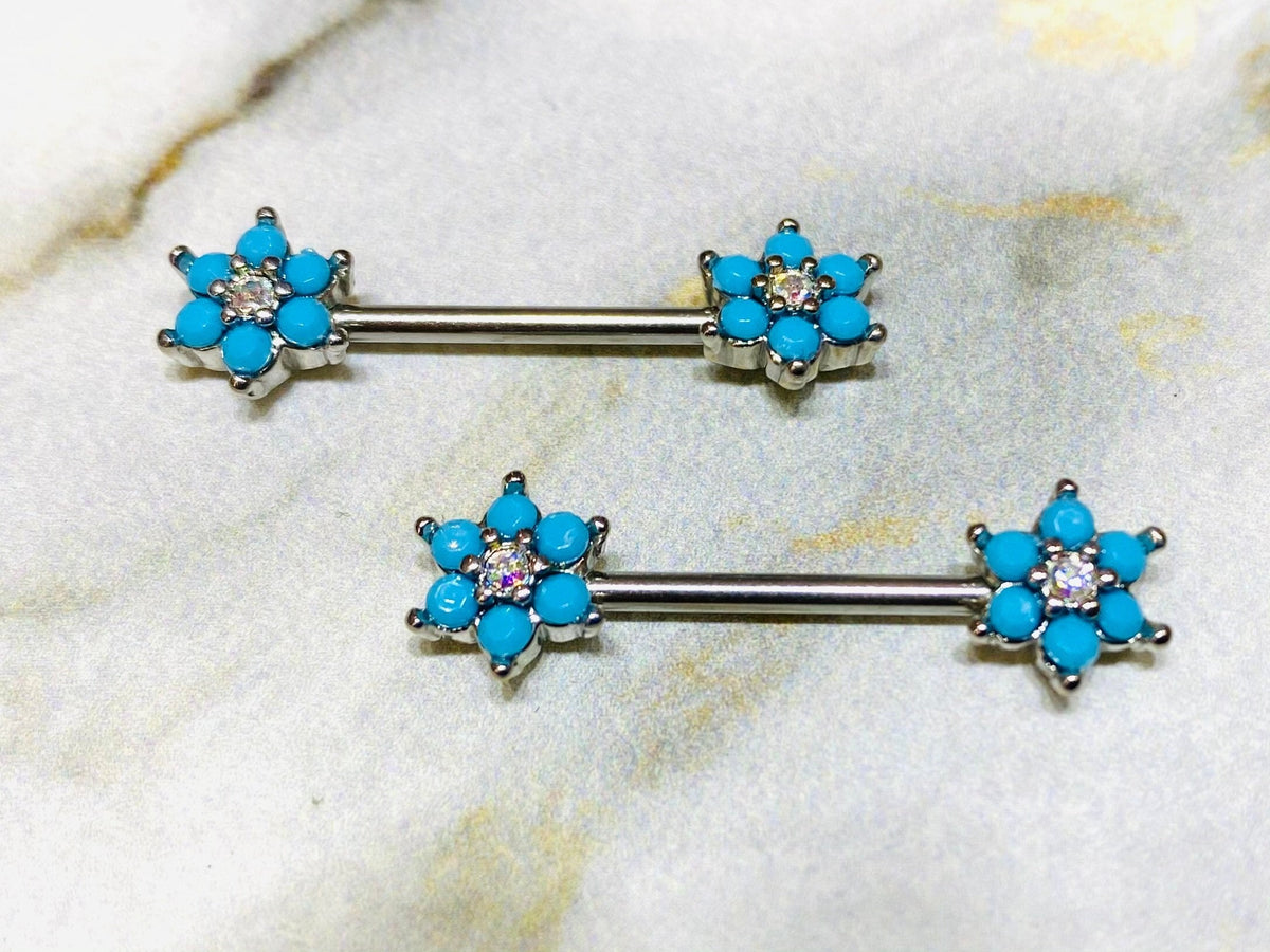 Pair of 14G Silver Turquoise Flower Sparkle Prong Setting Nipple Barbells. Nipple Rings. Nipple Jewelry. Nipple Piercings.