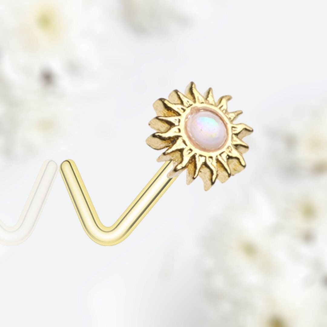 20G Gold White Opal Sun L Shape Nose Stud