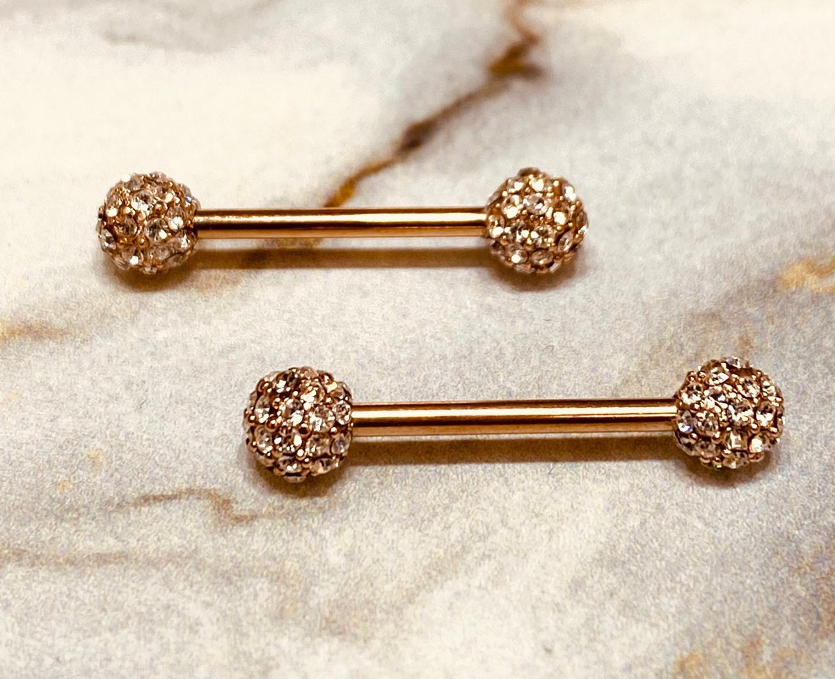 14G Rose Gold Clear Cluster Stones Full Dome Nipple Barbells. Nipple Piercings. Nipple Rings. Nipple Jewelry