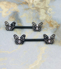 Pair of 14G Black Butterly Ends with Clear Sparkling Stones Nipple Barbell. Nipple Rings. Nipple Piercing. Nipple Jewelry. Body Jewelry.