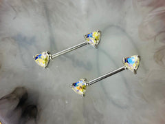 Pair of 14G Silver Sparkling Iridescent Double Heart Nipple Barbells. Nipple Piercing. Nipple Rings. Nipple Jewelry. Body Jewelry.