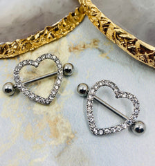 14G Silver Heart Paved Crystals Nipple Barbells. Nipple Jewelry. Nipple Piercing.