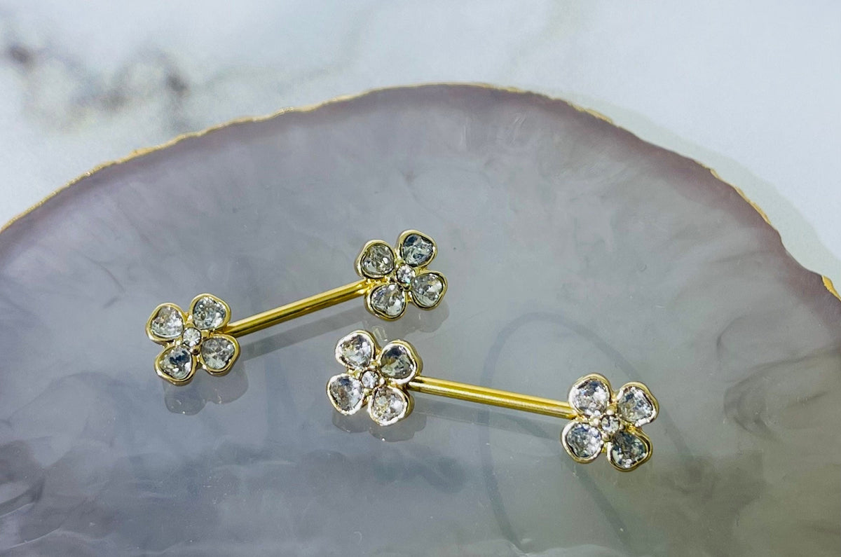 Pair of 14G Gold Clear Stone Heart Clover Nipple Barbells. Nipple Piercing. Nipple Rings. Nipple Jewelry.