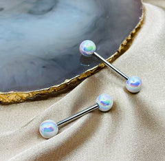 Pair of 14G Metallic Coated Shiny White/Iridescent Ball Ends Nipple Barbells. Nipple Piercing. Nipple Rings. Nipple Jewelry.