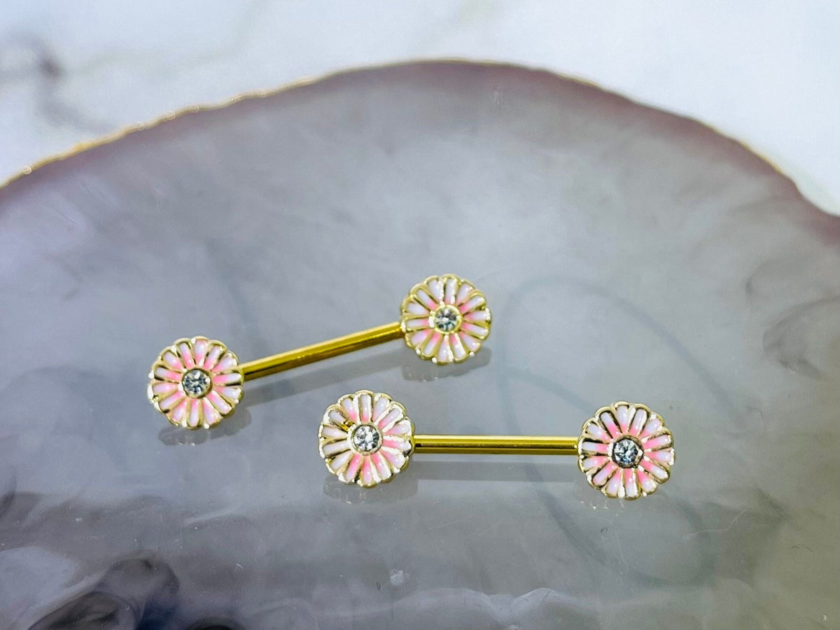 Pair of 14G Gold Pink Blush Flower Nipple Barbell. Nipple Rings. Nipple Piercing. Nipple Jewelry.