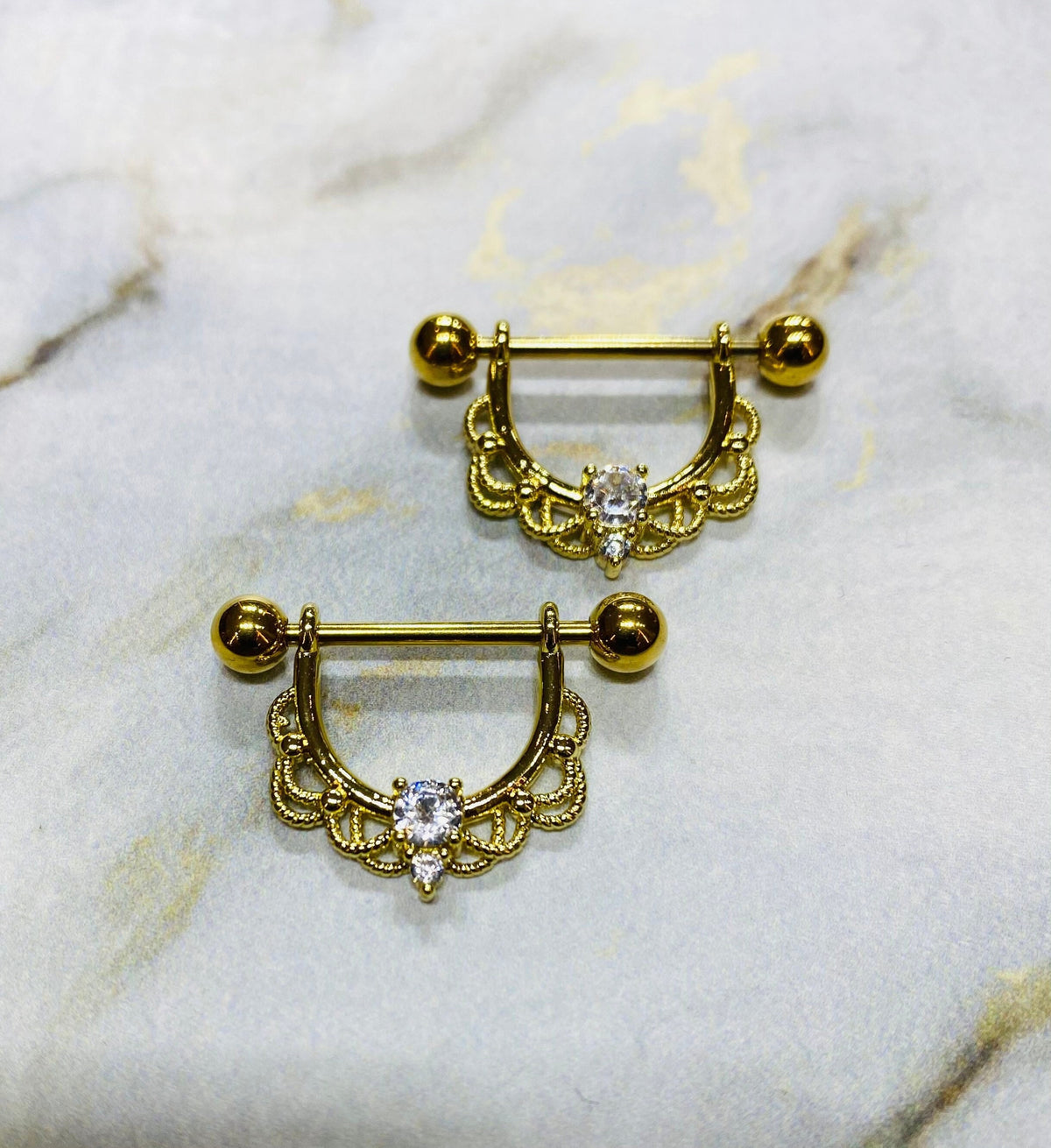 Pair of 14G Gold Round Center Stone Dangling Nipple Barbells. Nipple Piercing. Nipple Rings. Nipple Jewelry