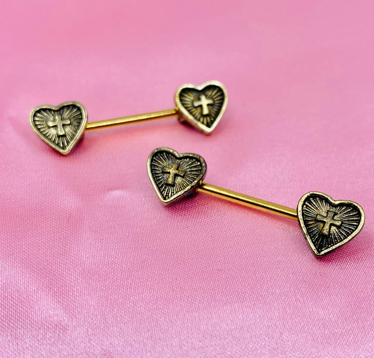 Pair of 14G Antique Gold Heart Cross Centered Nipple Barbell. Nipple Jewelry. Nipple Piercing.