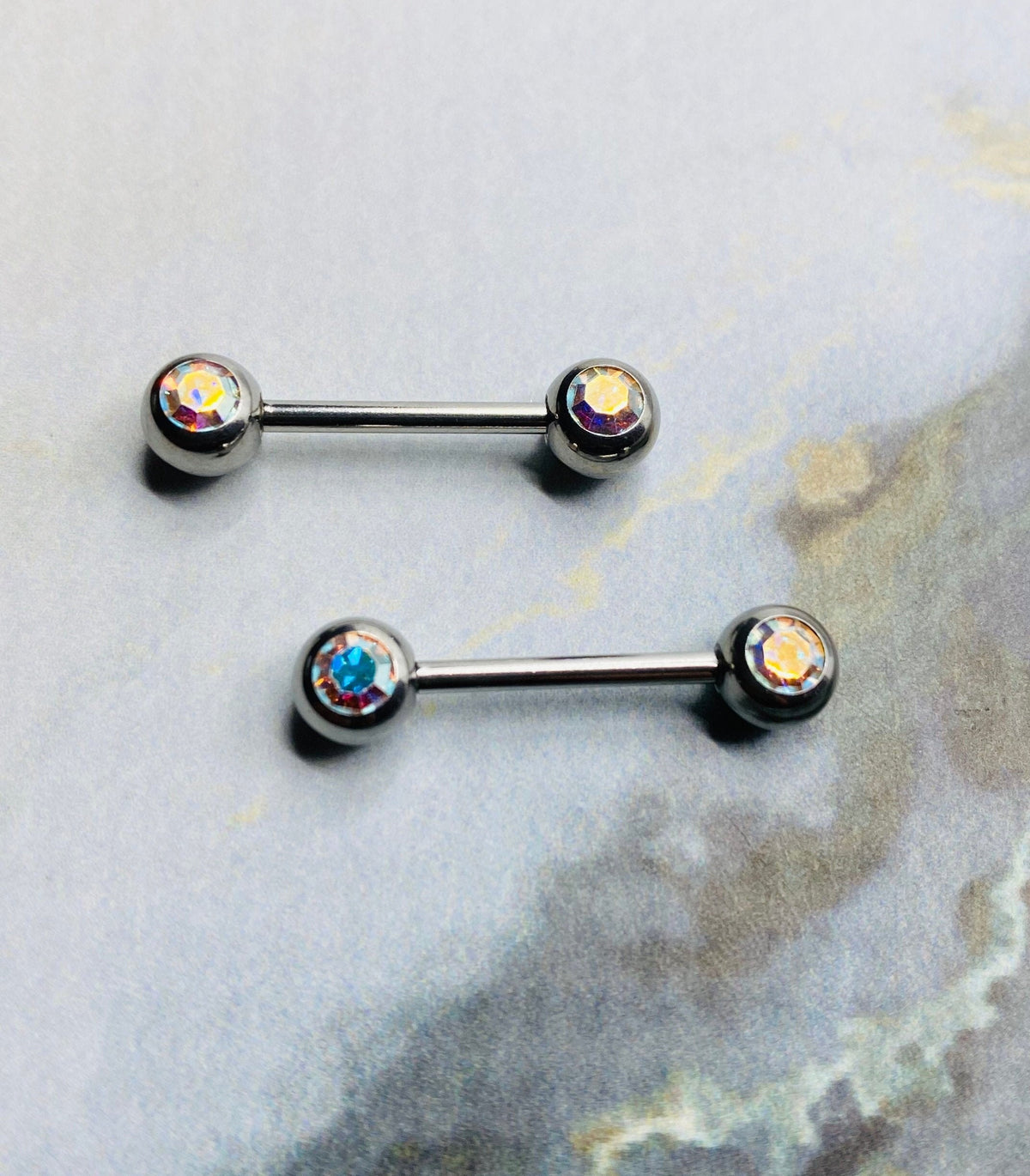 14G Front Facing Crystals Nipple Barbells. Nipple Rings. Nipple Piercings. Nipple Jewelry.