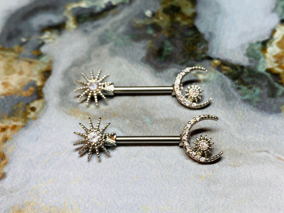 A set of Sun and Crescent Moon Nipple Barbell. Nipple Piercings. Nipple Rings. Nipple Jewelry.