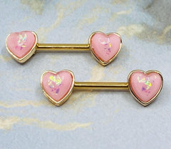 Pair of 14G Gold Pink Opal Heart Ends Nipple Barbell. Nipple Rings. Nipple Piercing. Nipple Jewelry. Body Jewelry. Nipple Barbells.