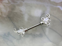 Pair of 14G Silver Sparkling Clear Gem Floral Ends Nipple Barbell