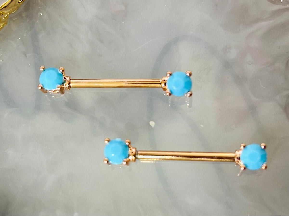 Pair of 14G Rose Gold Turquoise Gem Nipple Barbell. Nipple Rings. Nipple Piercing. Nipple Jewelry. Body Jewelry. Body Piercing.