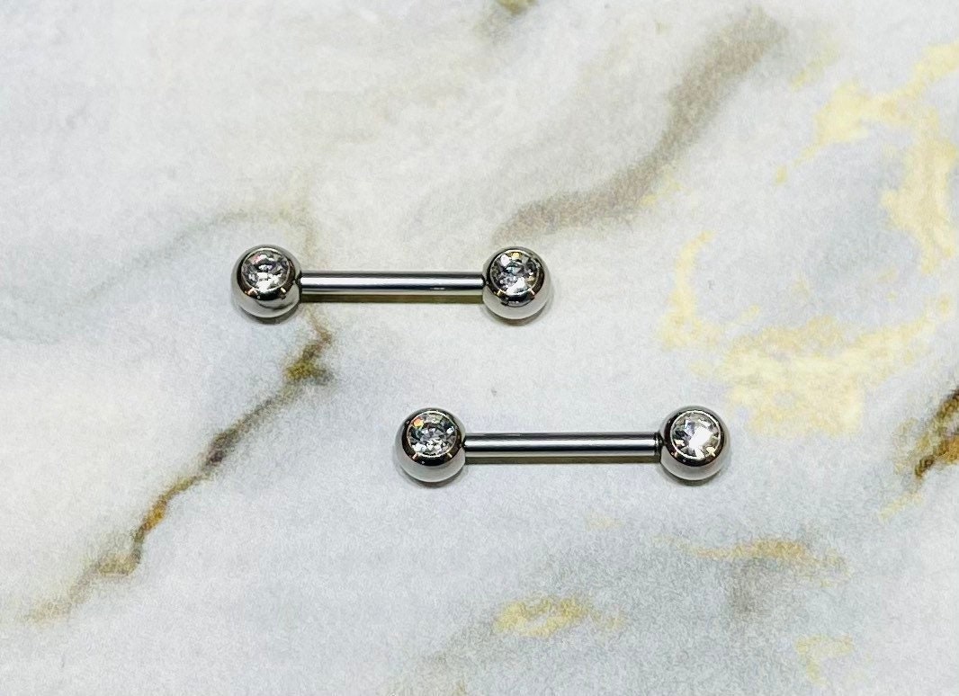 Pair of 14G Silver Bezel Clear Stone Nipple Barbells. Nipple Rings. Nipple Piercing. Nipple Jewelry.