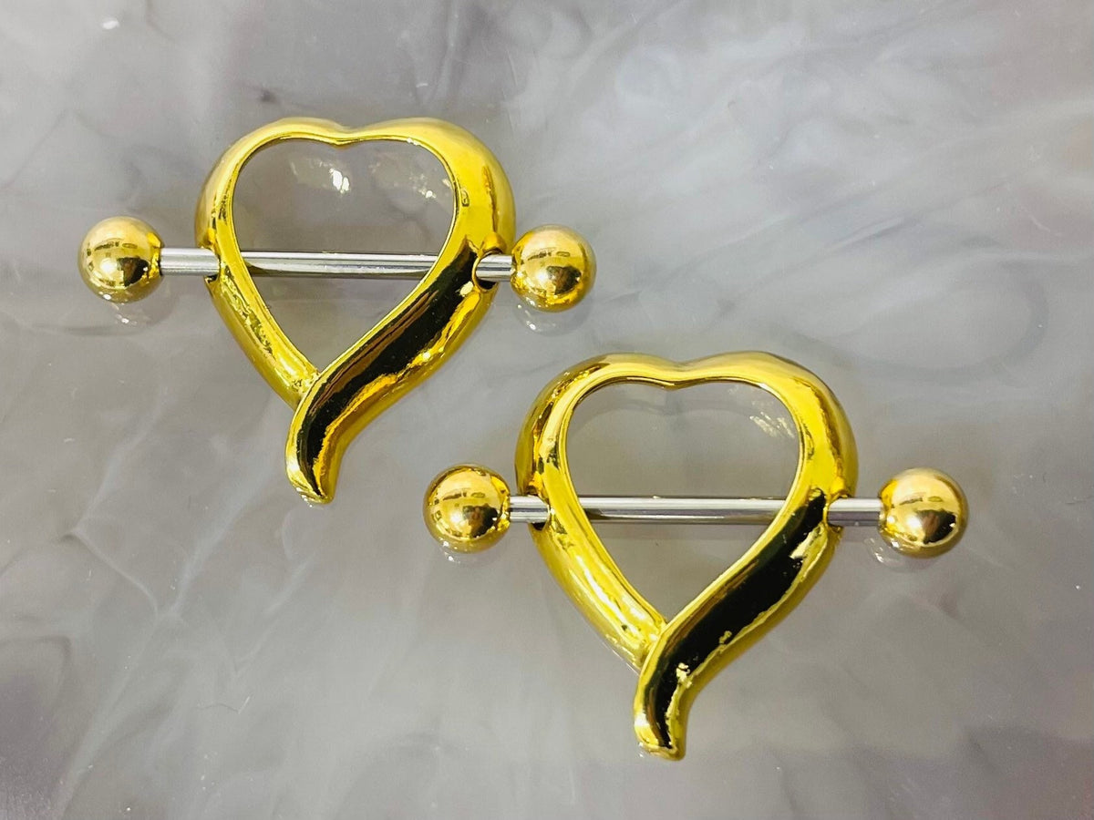 Set of 14G Plain Gold Heart Shape Nipple Shield. Nipple Rings. Nipple Piercing. Nipple Jewelry