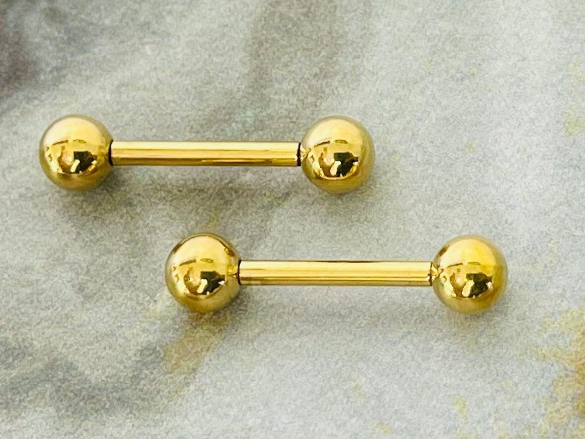 Pair of 14G Internally Threaded Implant Grade Titanium Plain Gold 12mm & 16mmNipple Barbells. Nipple Rings. Nipple Jewelry. Nipple Piercing